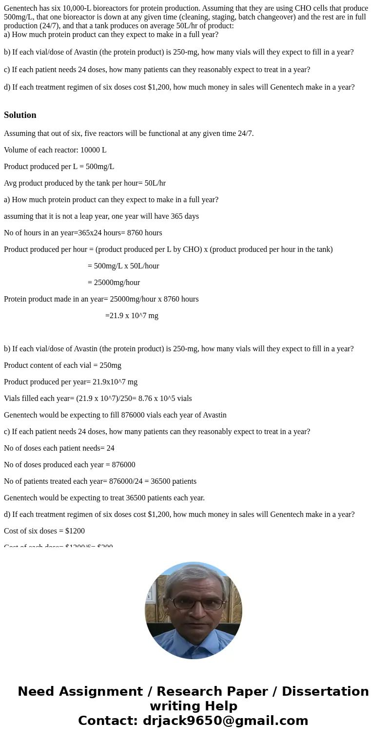 Genentech has six 10,000-L bioreactors for protein production. Assuming that they are using CHO cells that produce 500mg/L, that one bioreactor is down at any g Genentech has six 10,000-L bioreactors for protein production. Assuming that they are using CHO cells that produce 500mg/L, that one bioreactor is down at any g