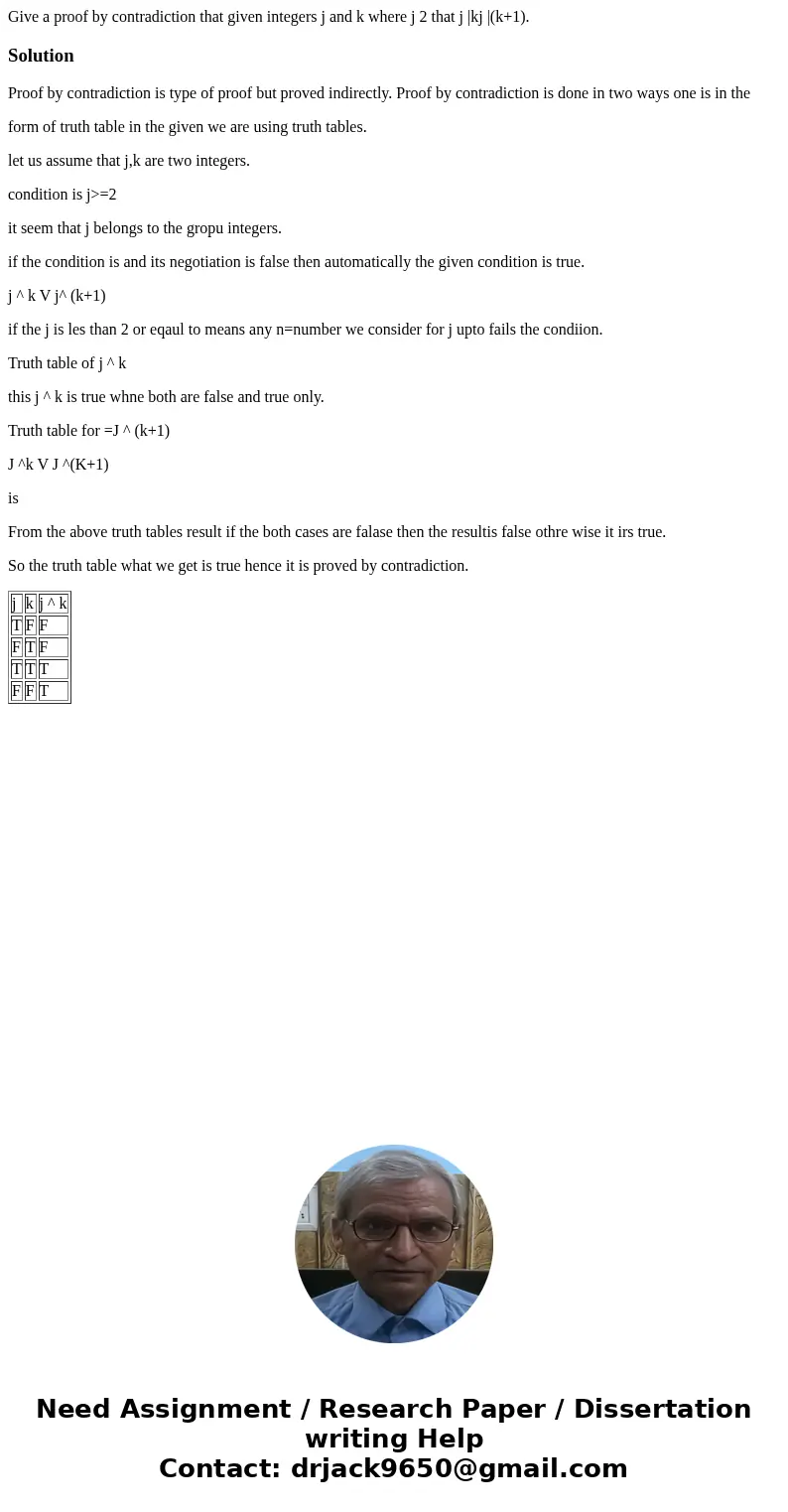 Give a proof by contradiction that given integers j and k where j 2 that j |kj |(k+1).SolutionProof by contradiction is type of proof but proved indirectly. Pro