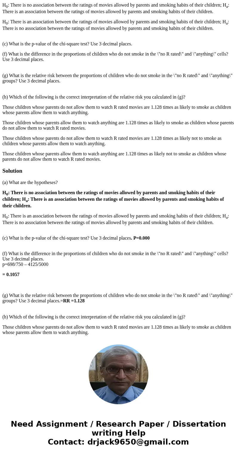 H0: There is no association between the ratings of movies allowed by parents and smoking habits of their children; Ha: There is an association between the ratin