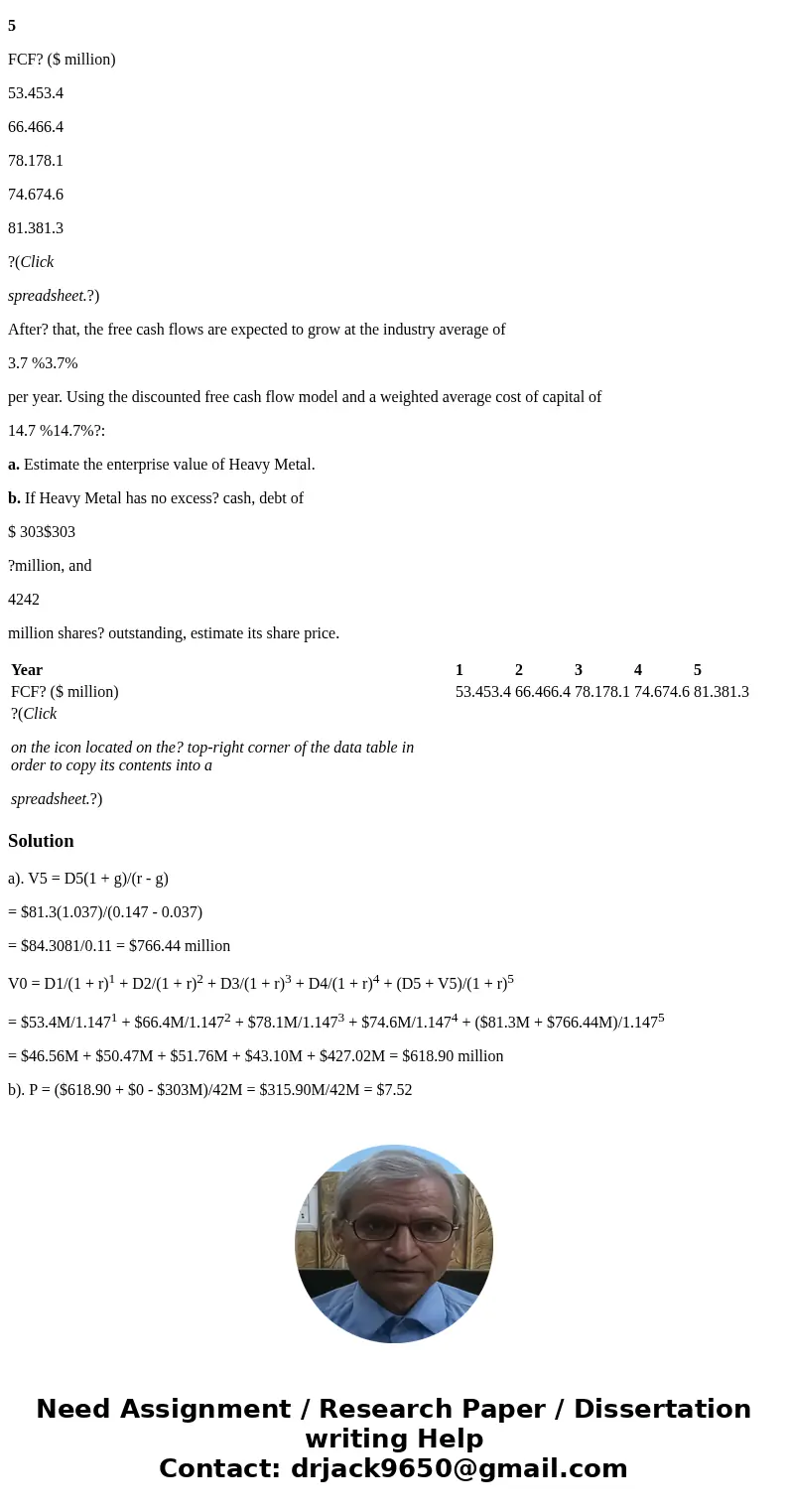 Heavy Metal Corporation is expected to generate the following free cash flows over the next five? years: Year 1 2 3 4 5 FCF? ($ million) 53.453.4 66.466.4 78.17