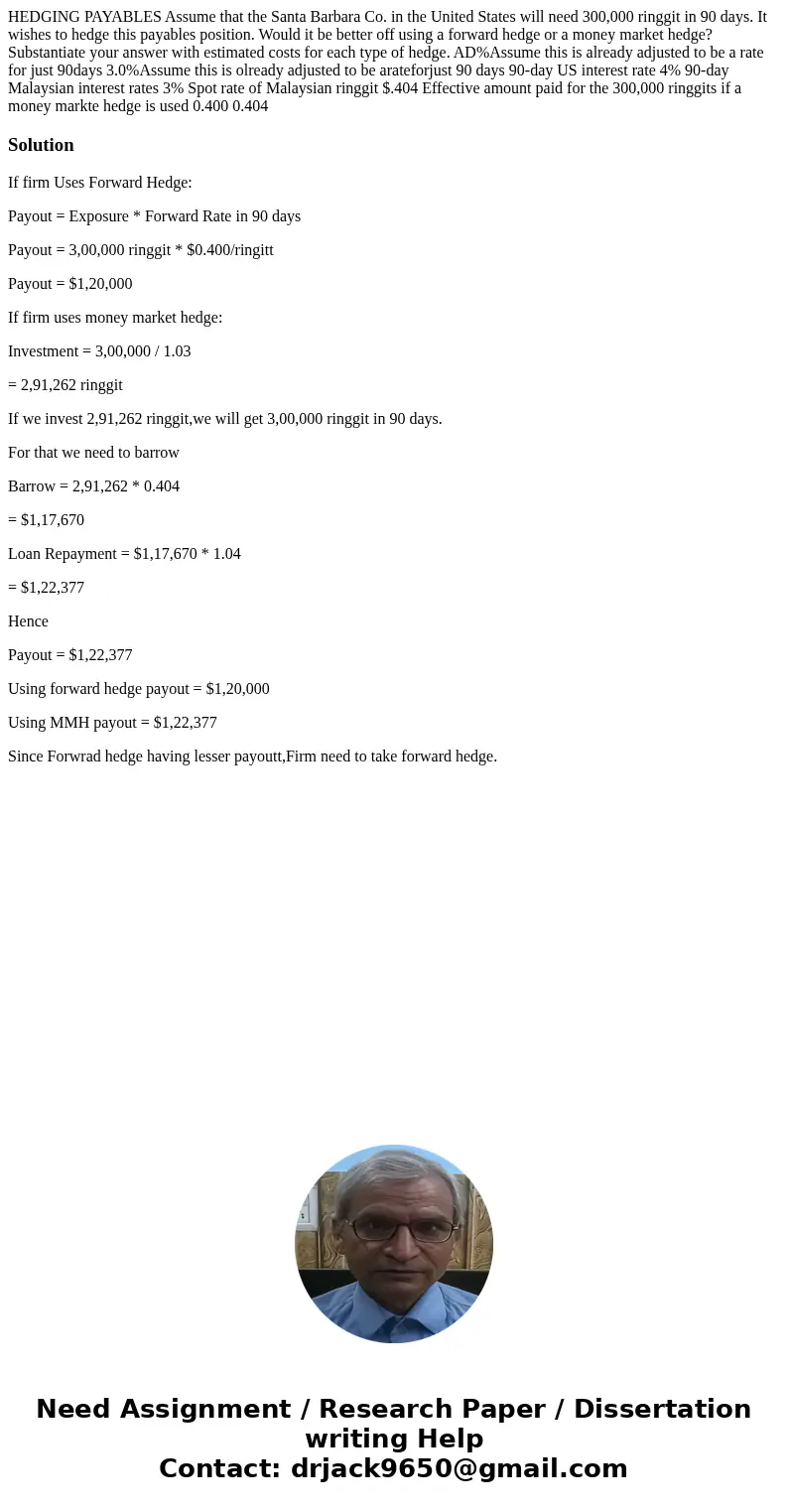  HEDGING PAYABLES Assume that the Santa Barbara Co. in the United States will need 300,000 ringgit in 90 days. It wishes to hedge this payables position. Would 
