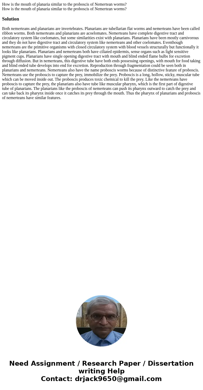 How is the mouth of planaria similar to the proboscis of Nemertean worms? How is the mouth of planaria similar to the proboscis of Nemertean worms?Solution Both
