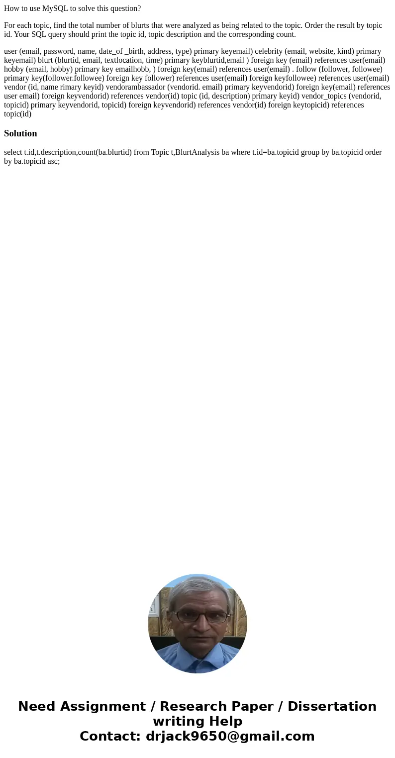 How to use MySQL to solve this question? For each topic, find the total number of blurts that were analyzed as being related to the topic. Order the result by t How to use MySQL to solve this question? For each topic, find the total number of blurts that were analyzed as being related to the topic. Order the result by t