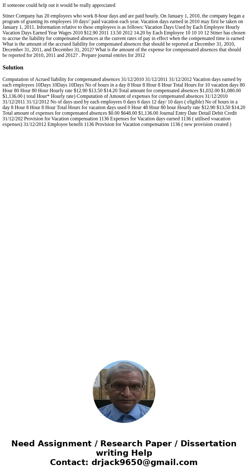 If someone could help out it would be really appreciated Stiner Company has 20 employees who work 8-hour days and are paid hourly. On January 1, 2010, the compa