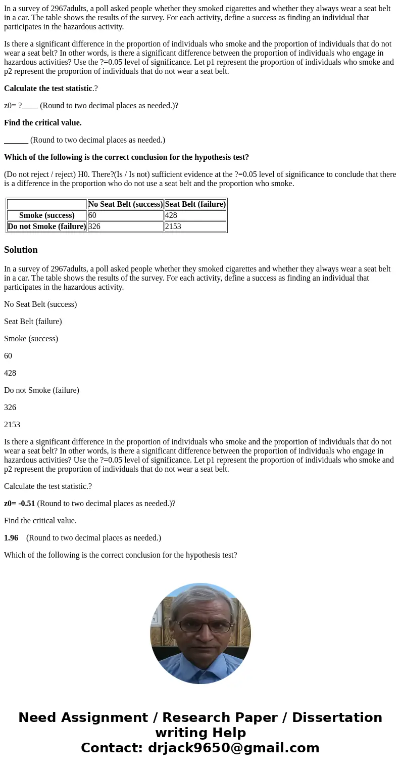 In a survey of 2967adults, a poll asked people whether they smoked cigarettes and whether they always wear a seat belt in a car. The table shows the results of 