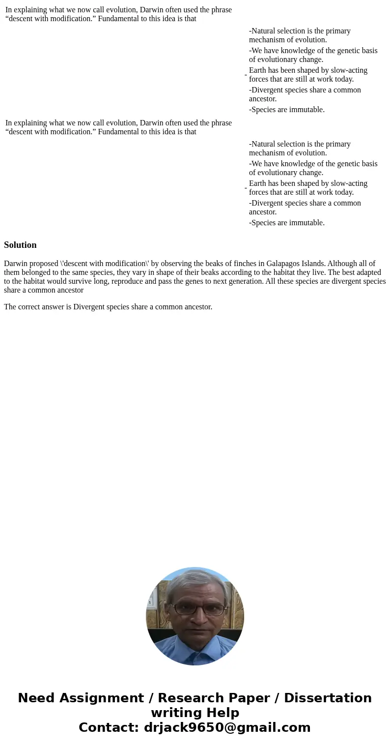  In explaining what we now call evolution, Darwin often used the phrase “descent with modification.” Fundamental to this idea is that -Natural selection is the 