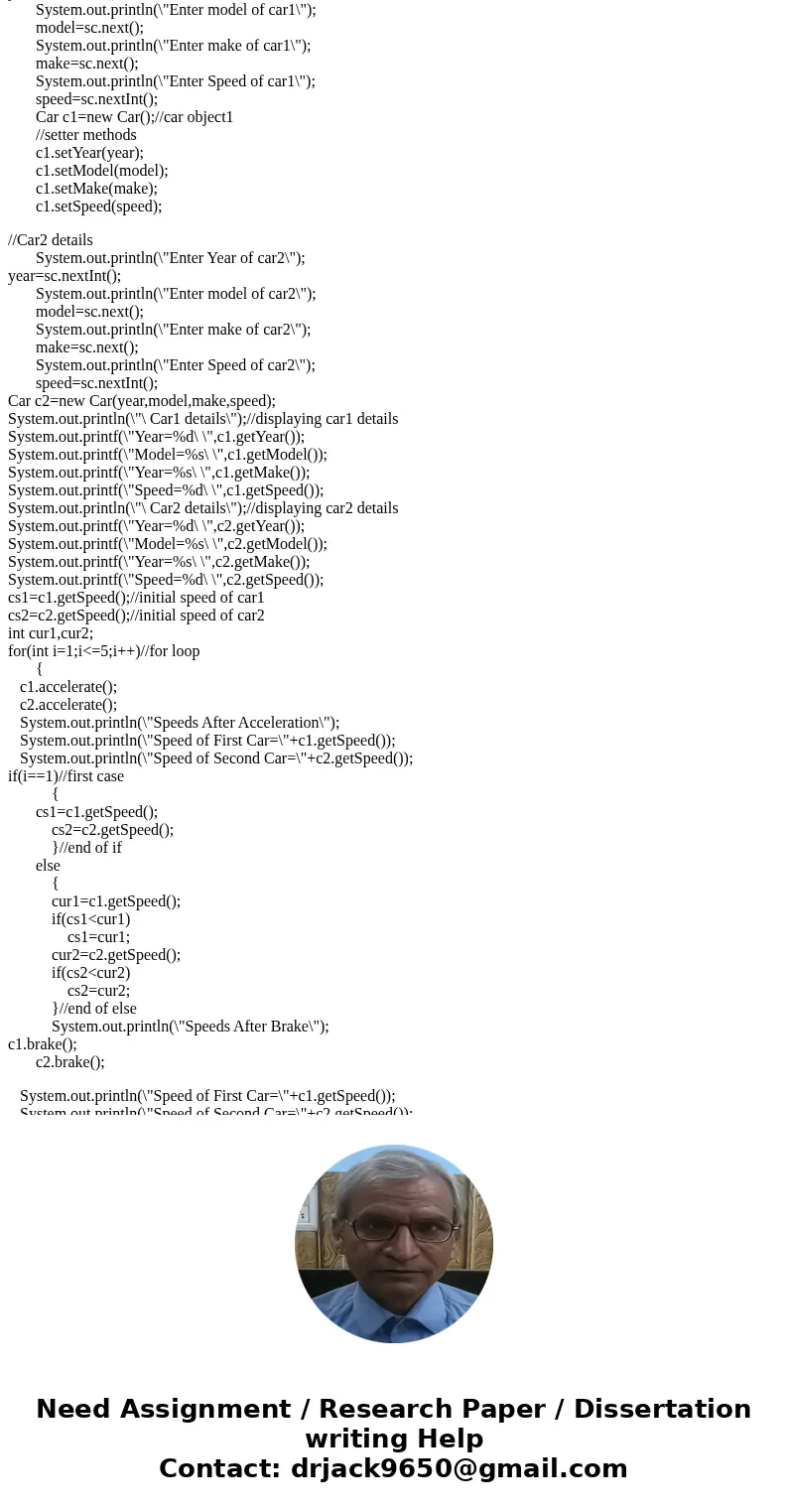 IN JAVA CODE IN JAVA CODE Programming Challenge : Car Race Simulator I) Write a class named Car that has the following fields (attributes): year (an int which h