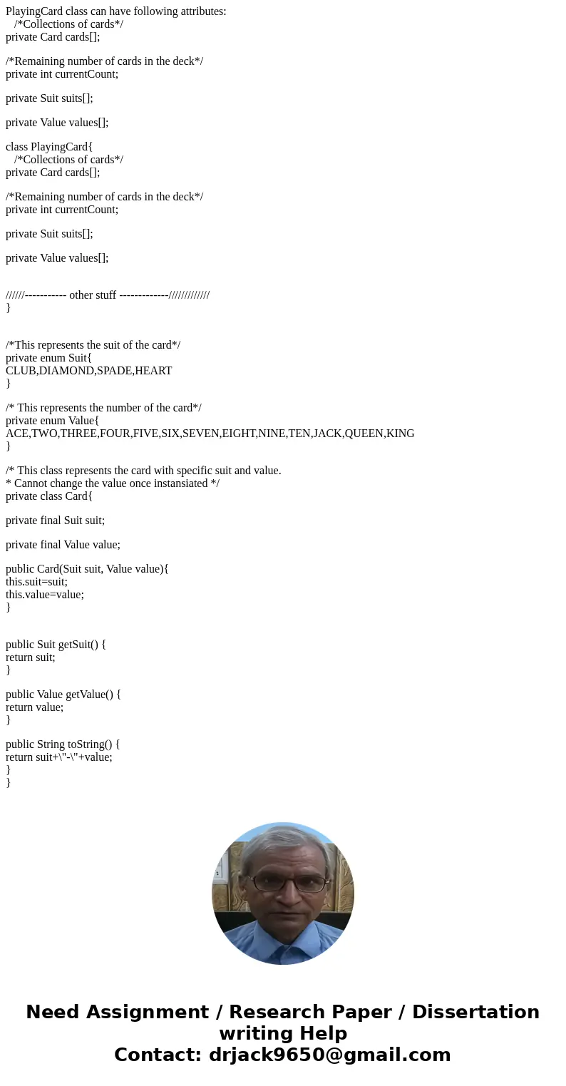 In Java programming language what are the attributes of class named PlayingCardSolutionHi, Please find help from my side about attribiutes of PlayingCard class. In Java programming language what are the attributes of class named PlayingCardSolutionHi, Please find help from my side about attribiutes of PlayingCard class.