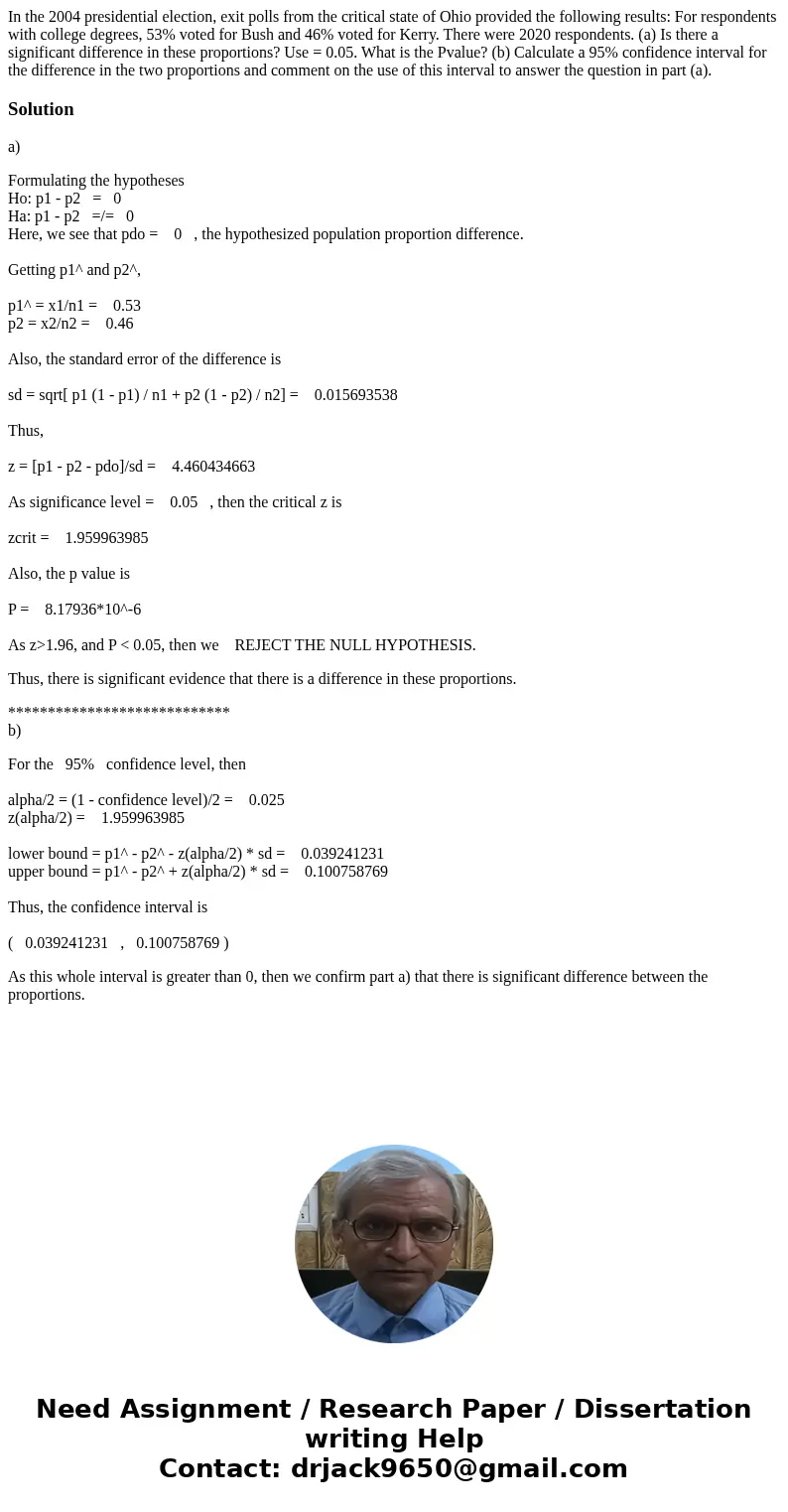 In the 2004 presidential election, exit polls from the critical state of Ohio provided the following results: For respondents with college degrees, 53% voted fo
