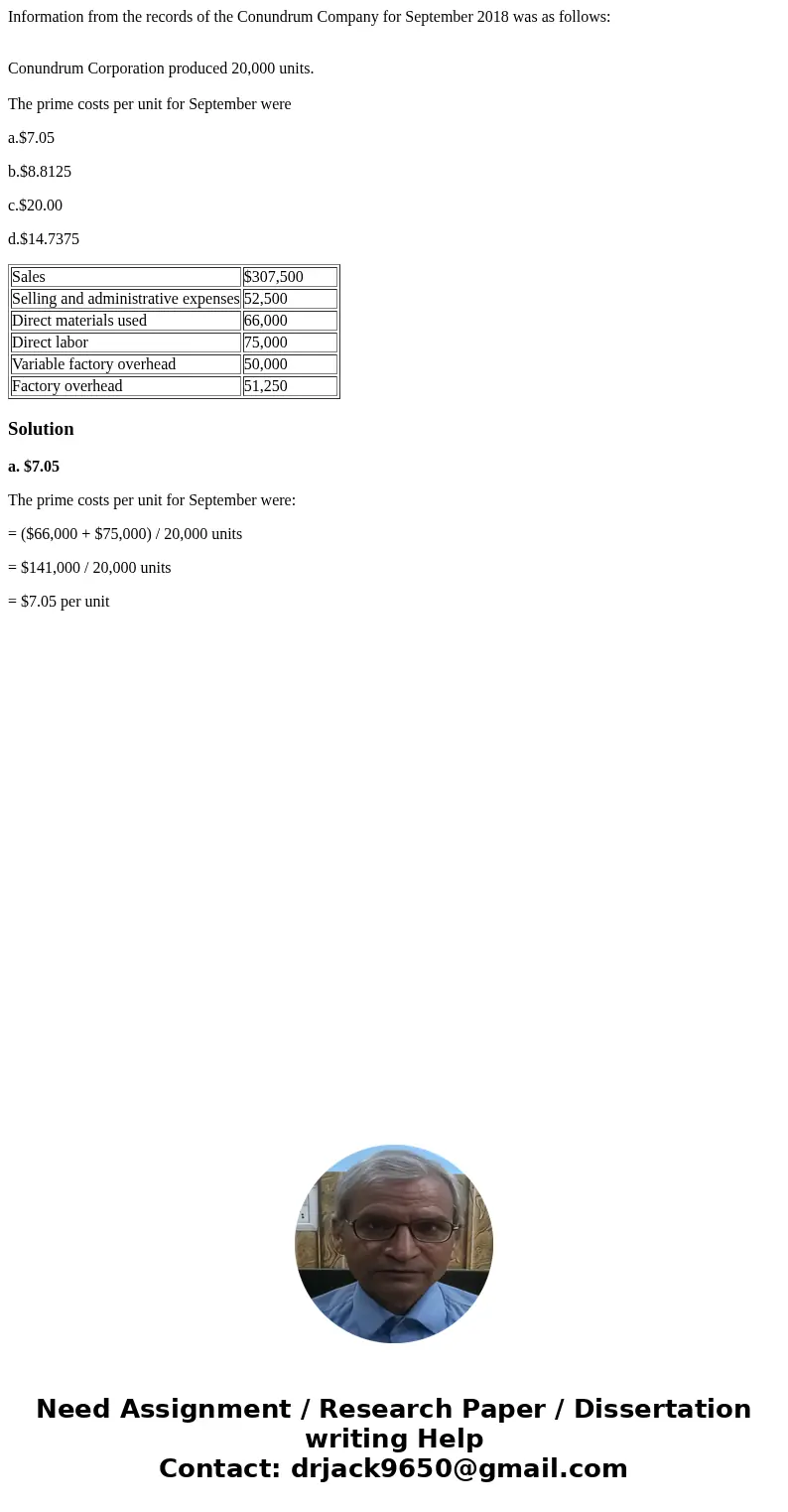 Information from the records of the Conundrum Company for September 2018 was as follows: Conundrum Corporation produced 20,000 units. The prime costs per unit f
