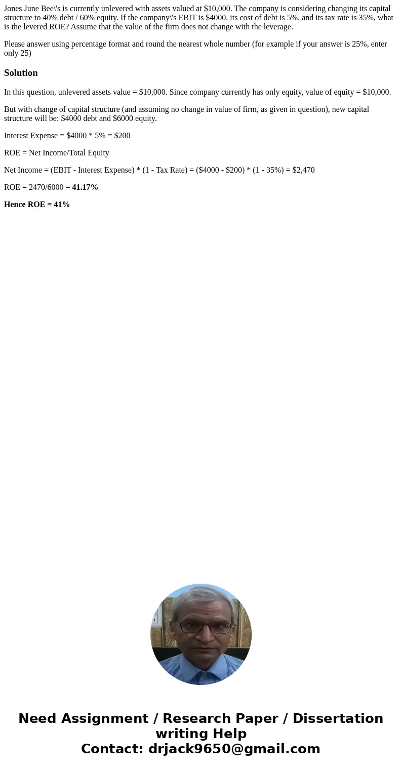  Jones June Bee\'s is currently unlevered with assets valued at $10,000. The company is considering changing its capital structure to 40% debt / 60% equity. If 
