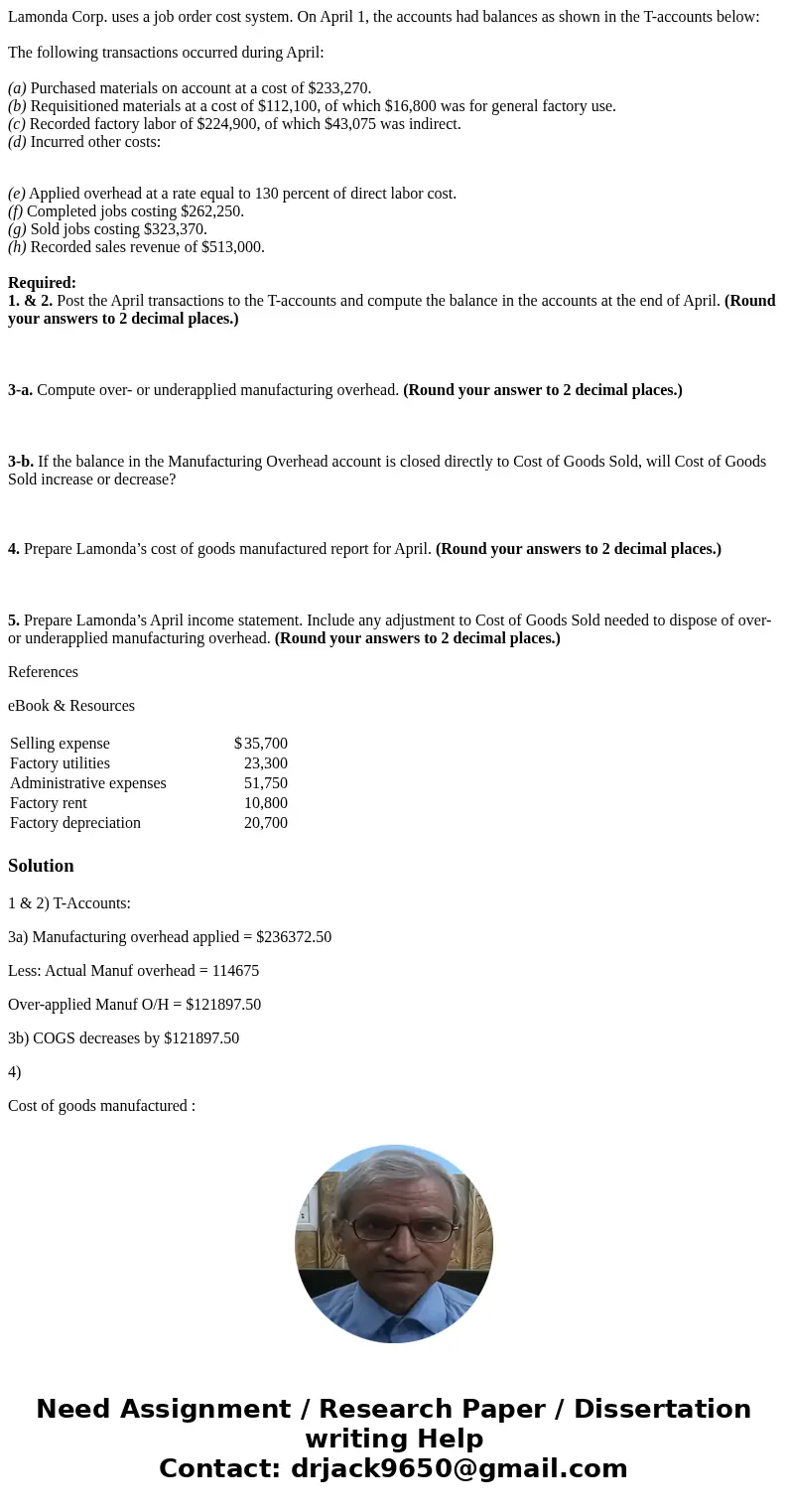 Lamonda Corp. uses a job order cost system. On April 1, the accounts had balances as shown in the T-accounts below: The following transactions occurred during A