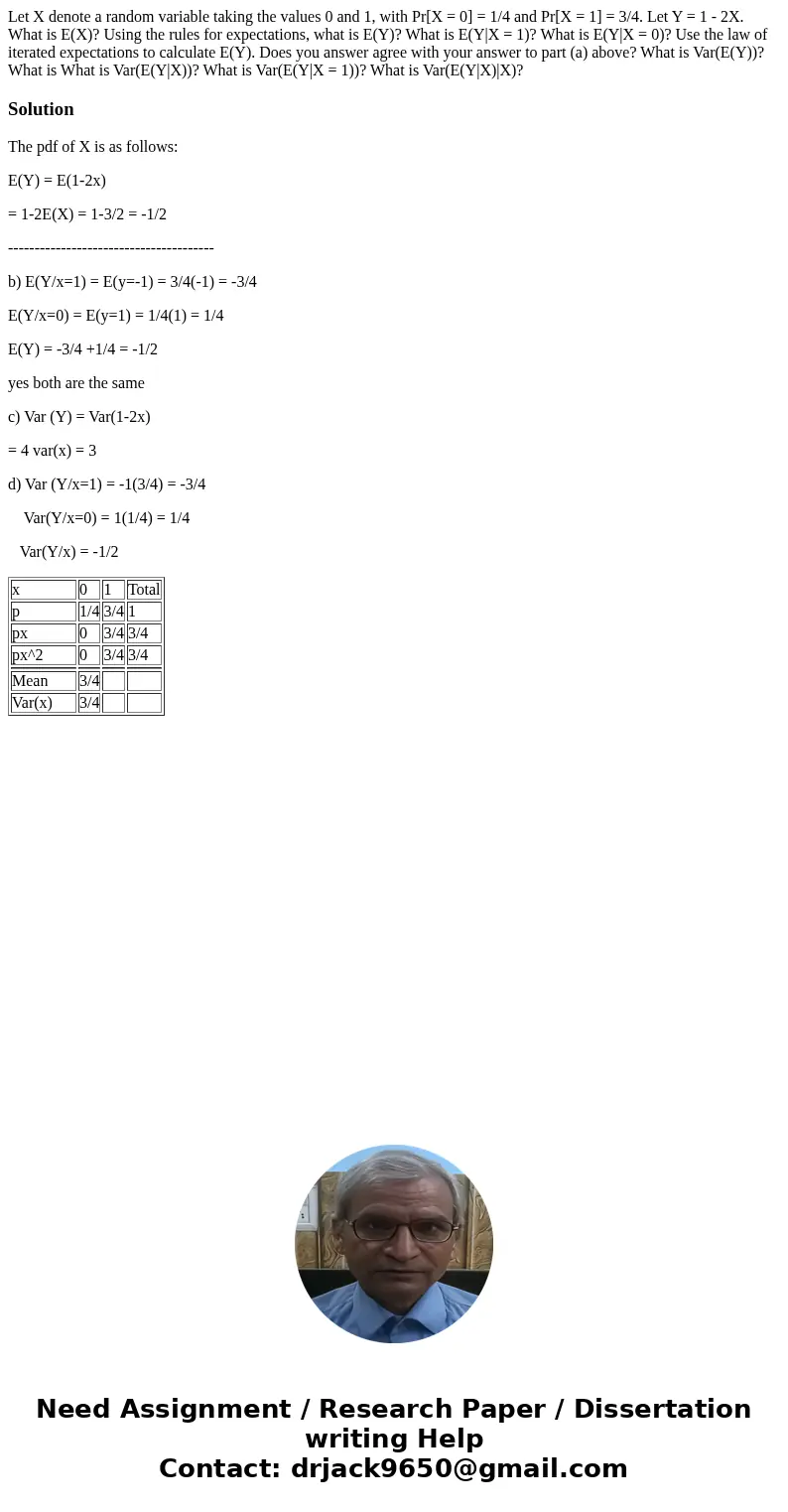  Let X denote a random variable taking the values 0 and 1, with Pr[X = 0] = 1/4 and Pr[X = 1] = 3/4. Let Y = 1 - 2X. What is E(X)? Using the rules for expectati