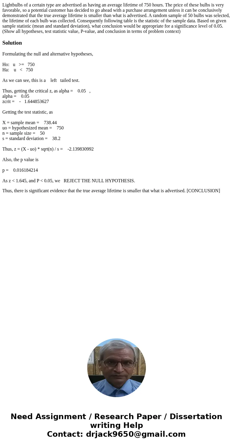  Lightbulbs of a certain type are advertised as having an average lifetime of 750 hours. The price of these bulbs is very favorable, so a potential customer has