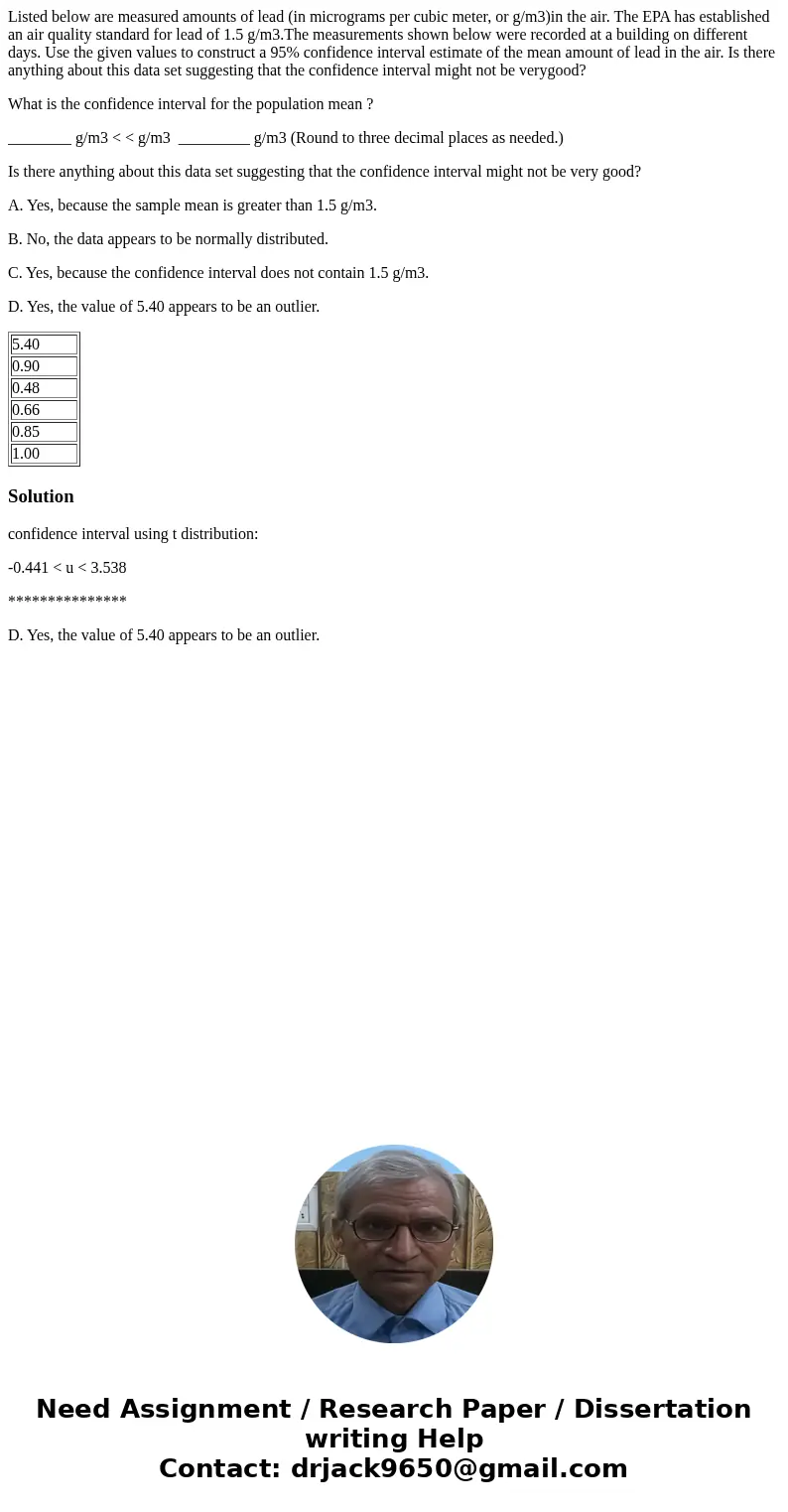 Listed below are measured amounts of lead (in micrograms per cubic meter, or g/m3)in the air. The EPA has established an air quality standard for lead of 1.5 g/ Listed below are measured amounts of lead (in micrograms per cubic meter, or g/m3)in the air. The EPA has established an air quality standard for lead of 1.5 g/