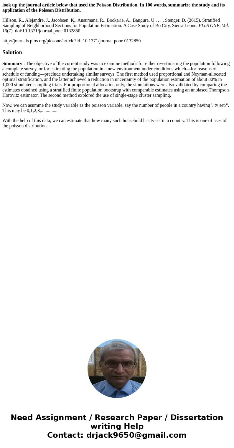 look up the journal article below that used the Poisson Distribution. In 100 words, summarize the study and its application of the Poisson Distribution. Hillson look up the journal article below that used the Poisson Distribution. In 100 words, summarize the study and its application of the Poisson Distribution. Hillson