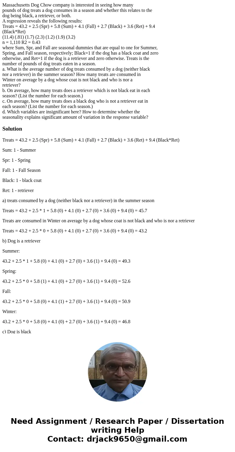 Massachusetts Dog Chow company is interested in seeing how many pounds of dog treats a dog consumes in a season and whether this relates to the dog being black,