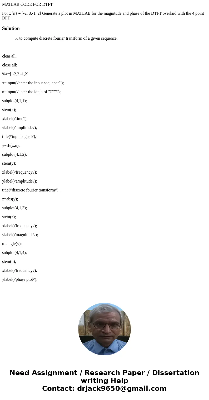 MATLAB CODE FOR DTFT For x{n} = [-2, 3,-1, 2] Generate a plot in MATLAB for the magnitude and phase of the DTFT overlaid with the 4 point DFTSolution % to compu