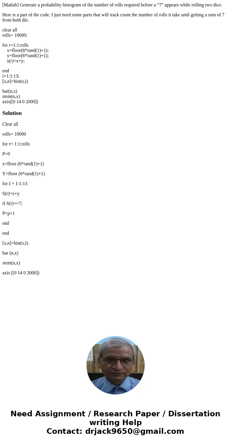 [Matlab] Generate a probability histogram of the number of rolls required before a “7” appears while rolling two dice. Here is a part of the code. I just need s