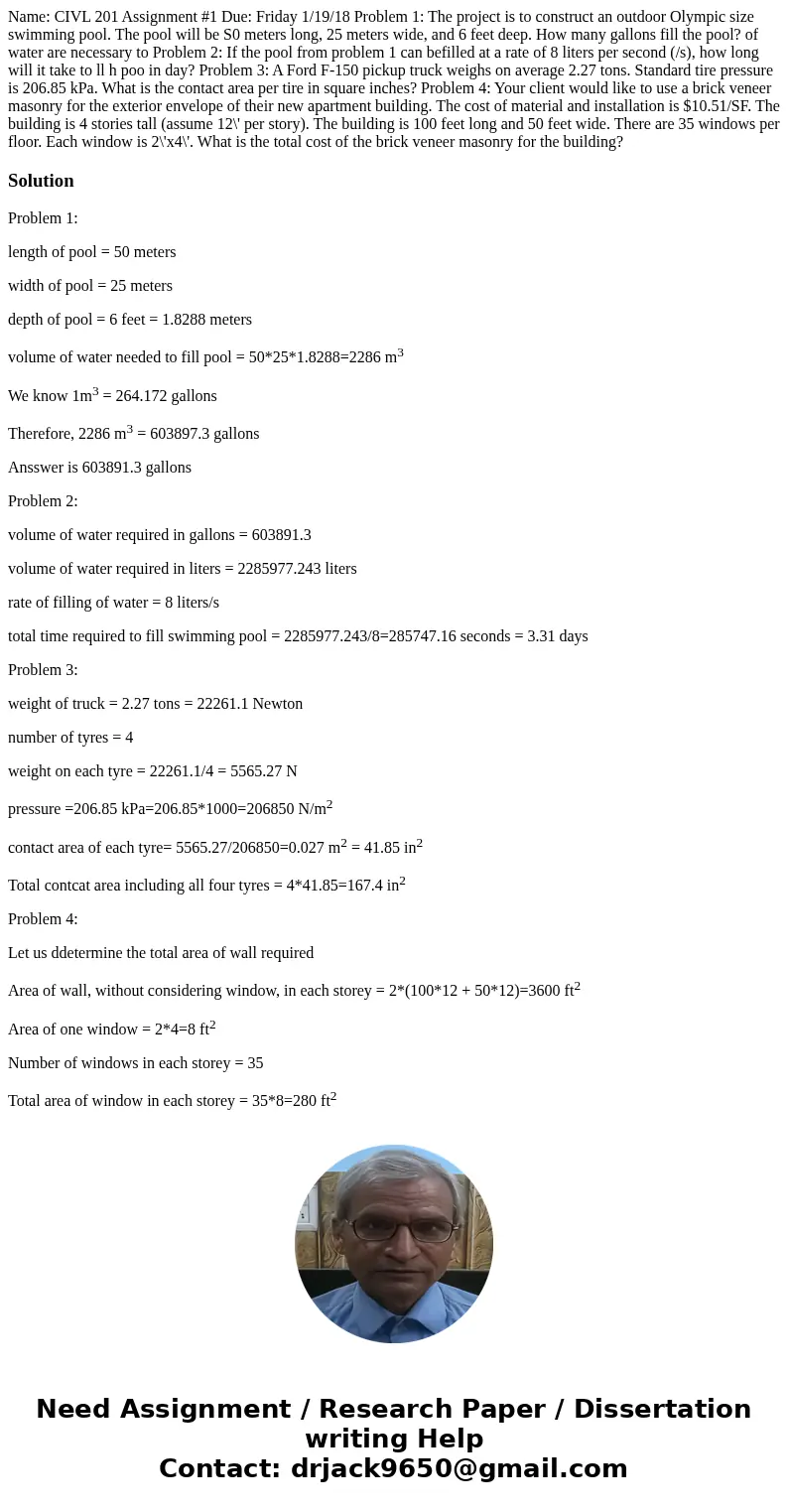 Name: CIVL 201 Assignment #1 Due: Friday 1/19/18 Problem 1: The project is to construct an outdoor Olympic size swimming pool. The pool will be S0 meters long,  Name: CIVL 201 Assignment #1 Due: Friday 1/19/18 Problem 1: The project is to construct an outdoor Olympic size swimming pool. The pool will be S0 meters long,