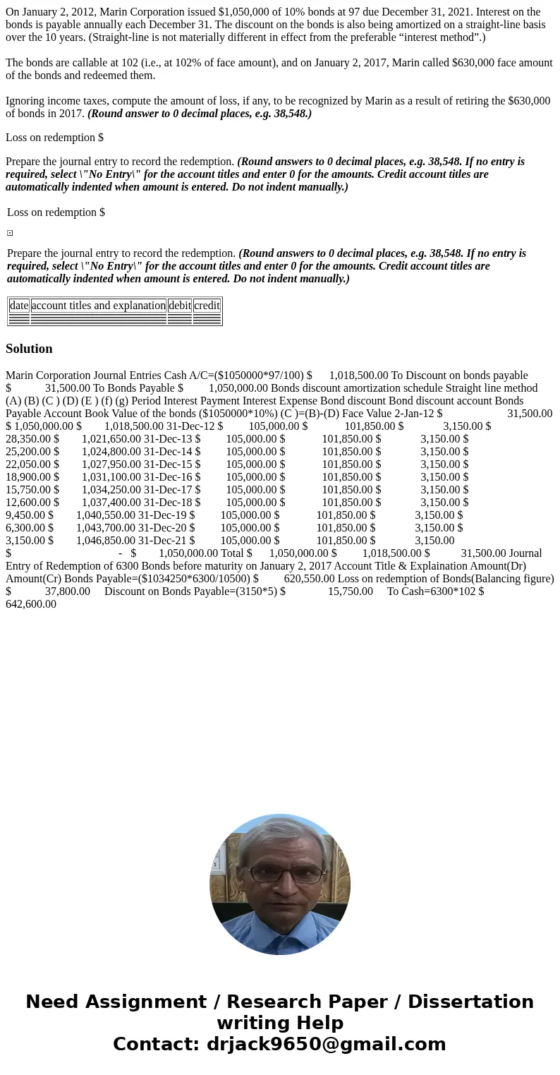 On January 2, 2012, Marin Corporation issued $1,050,000 of 10% bonds at 97 due December 31, 2021. Interest on the bonds is payable annually each December 31. Th