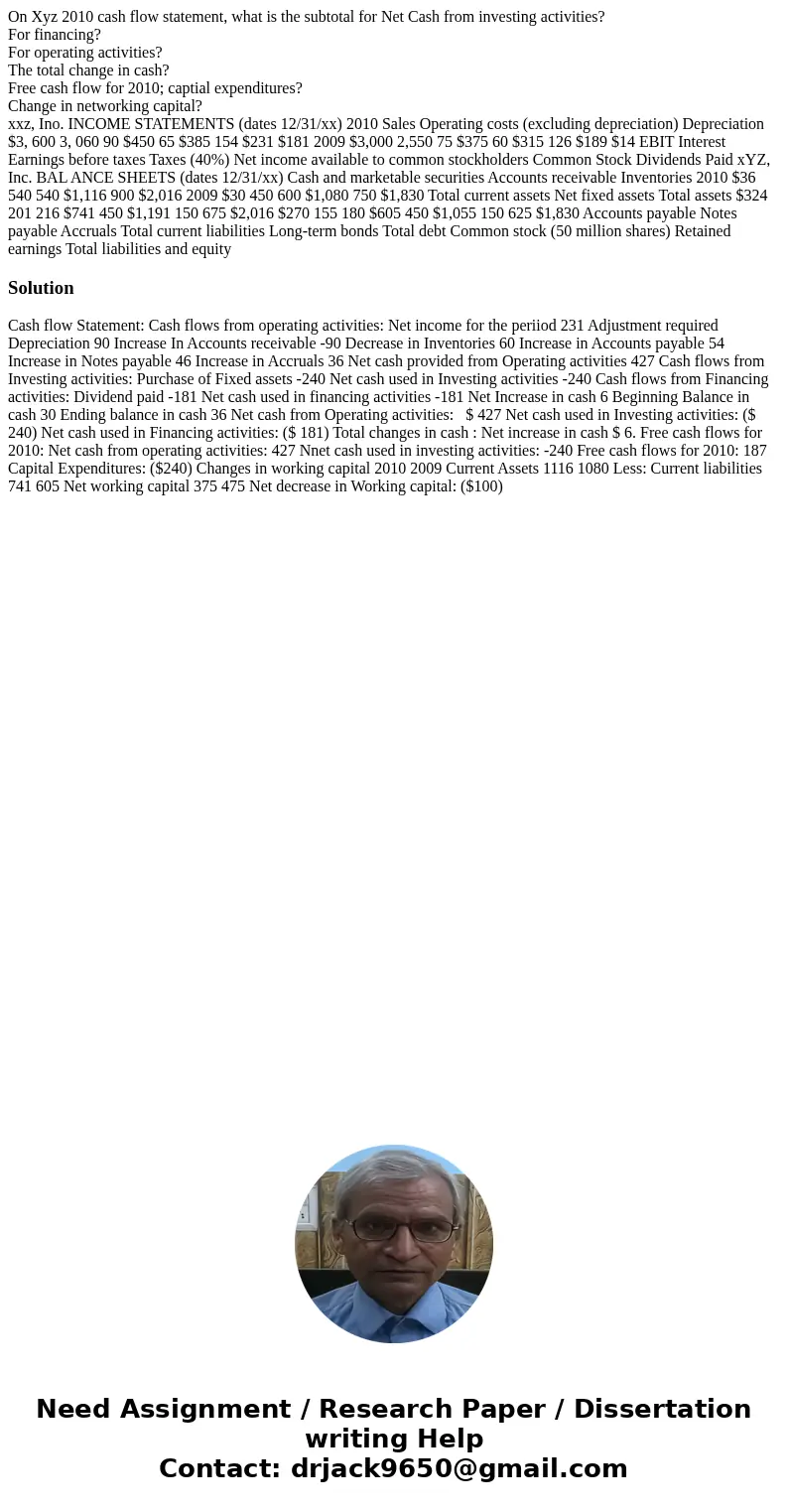 On Xyz 2010 cash flow statement, what is the subtotal for Net Cash from investing activities? For financing? For operating activities? The total change in cash?