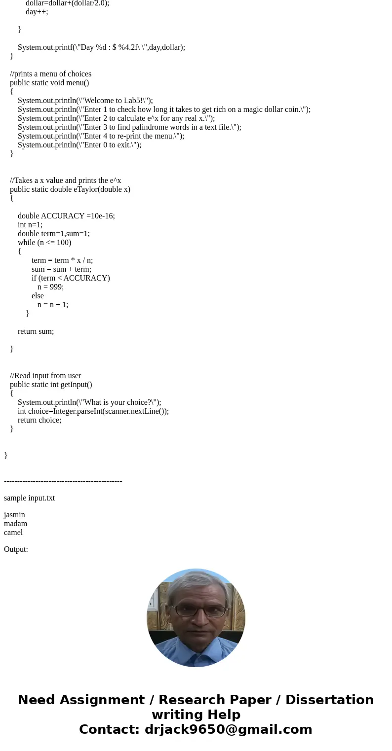 part 1 to 4 pleaseSolution /** * The java program Lab5 that display a menu of chocies * and prompts user to input for corresponding method * and prints the resu part 1 to 4 pleaseSolution /** * The java program Lab5 that display a menu of chocies * and prompts user to input for corresponding method * and prints the resu