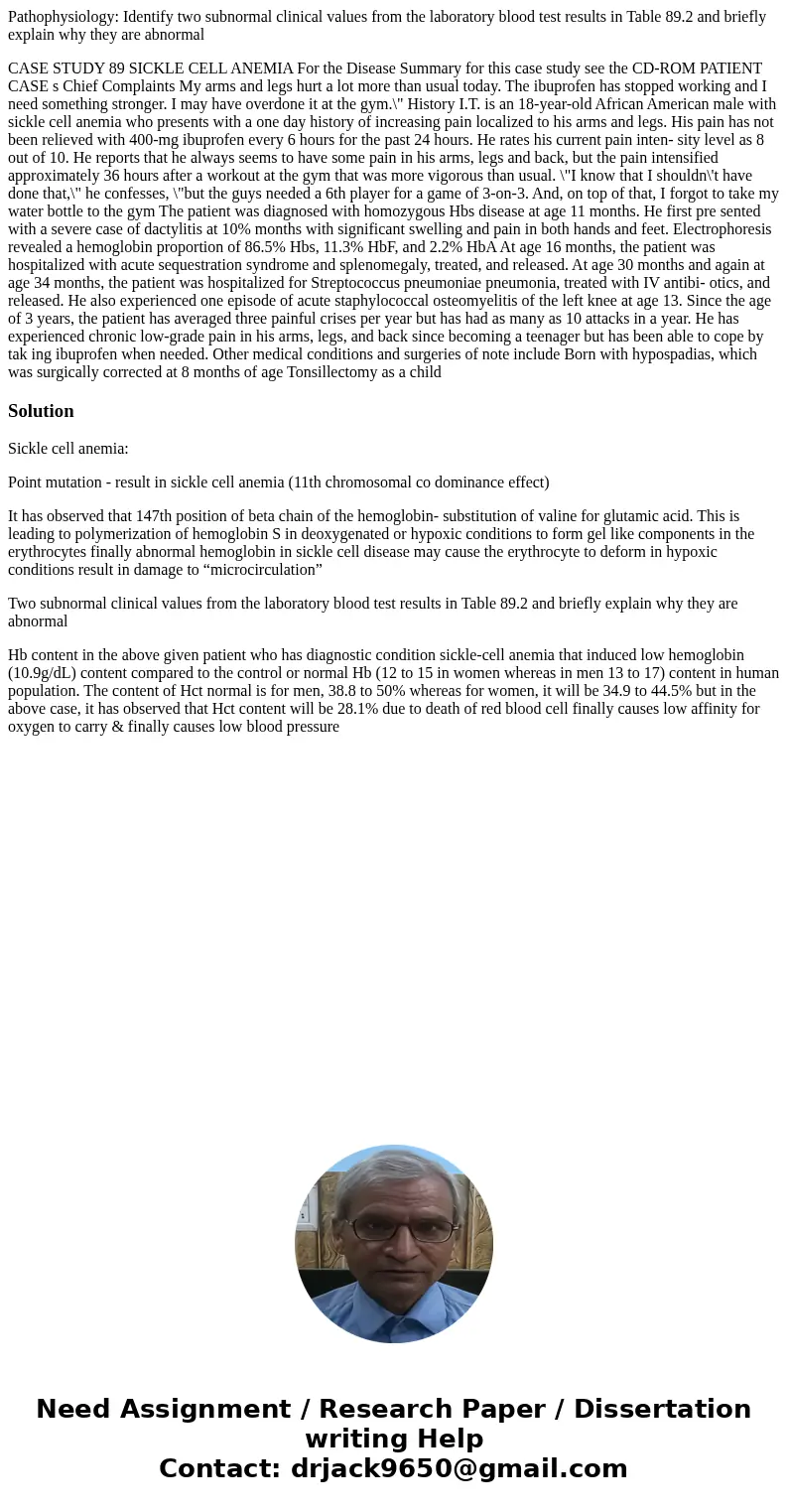 Pathophysiology: Identify two subnormal clinical values from the laboratory blood test results in Table 89.2 and briefly explain why they are abnormal CASE STUD