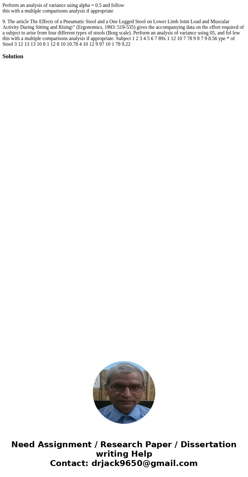 Perform an analysis of variance using alpha = 0.5 and follow this with a multiple comparisons analysis if appropriate 9. The article The Effects of a Pneumatic 