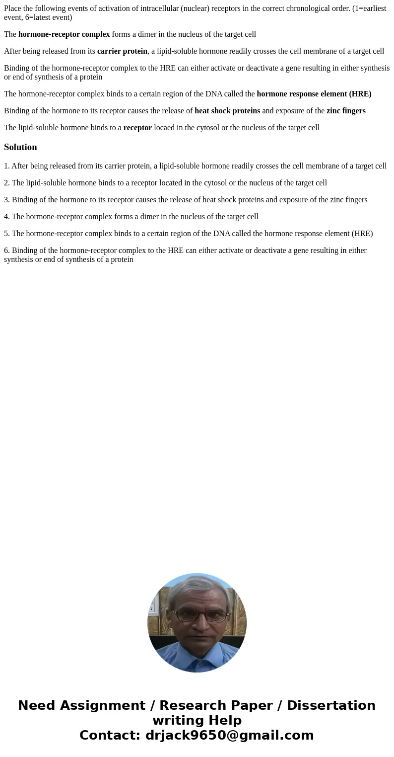 Place the following events of activation of intracellular (nuclear) receptors in the correct chronological order. (1=earliest event, 6=latest event) The hormone Place the following events of activation of intracellular (nuclear) receptors in the correct chronological order. (1=earliest event, 6=latest event) The hormone