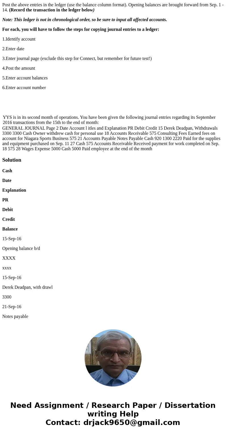 Post the above entries in the ledger (use the balance column format). Opening balances are brought forward from Sep. 1 - 14. (Record the transaction in the ledg
