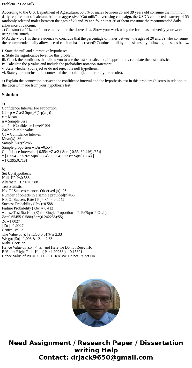 Problem 1: Got Milk According to the U.S. Department of Agriculture, 58.8% of males between 20 and 39 years old consume the minimum daily requirement of calcium