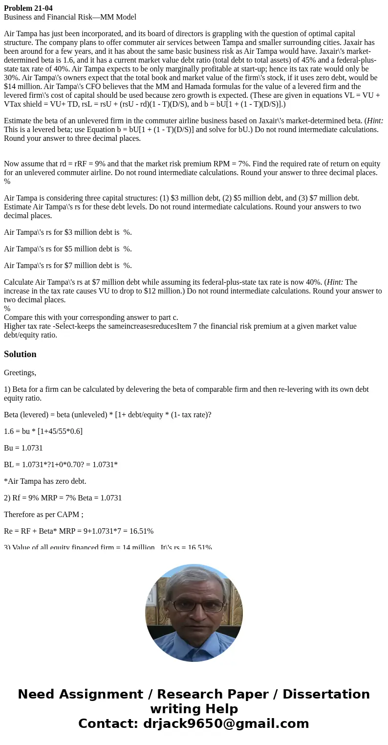 Problem 21-04 Business and Financial Risk—MM Model Air Tampa has just been incorporated, and its board of directors is grappling with the question of optimal ca Problem 21-04 Business and Financial Risk—MM Model Air Tampa has just been incorporated, and its board of directors is grappling with the question of optimal ca