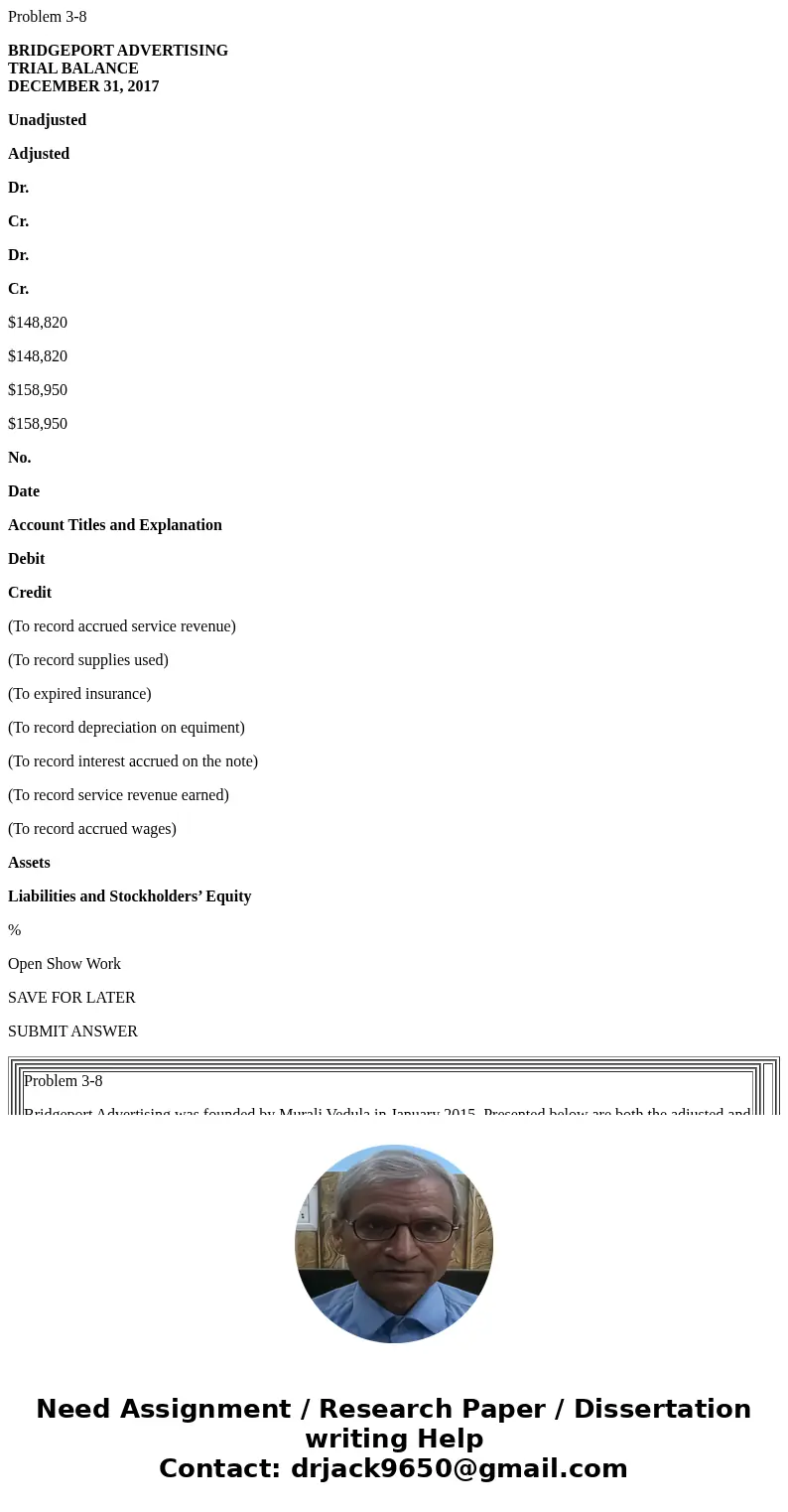 Problem 3-8 BRIDGEPORT ADVERTISING TRIAL BALANCE DECEMBER 31, 2017 Unadjusted Adjusted Dr. Cr. Dr. Cr. $148,820 $148,820 $158,950 $158,950 No. Date Account Titl