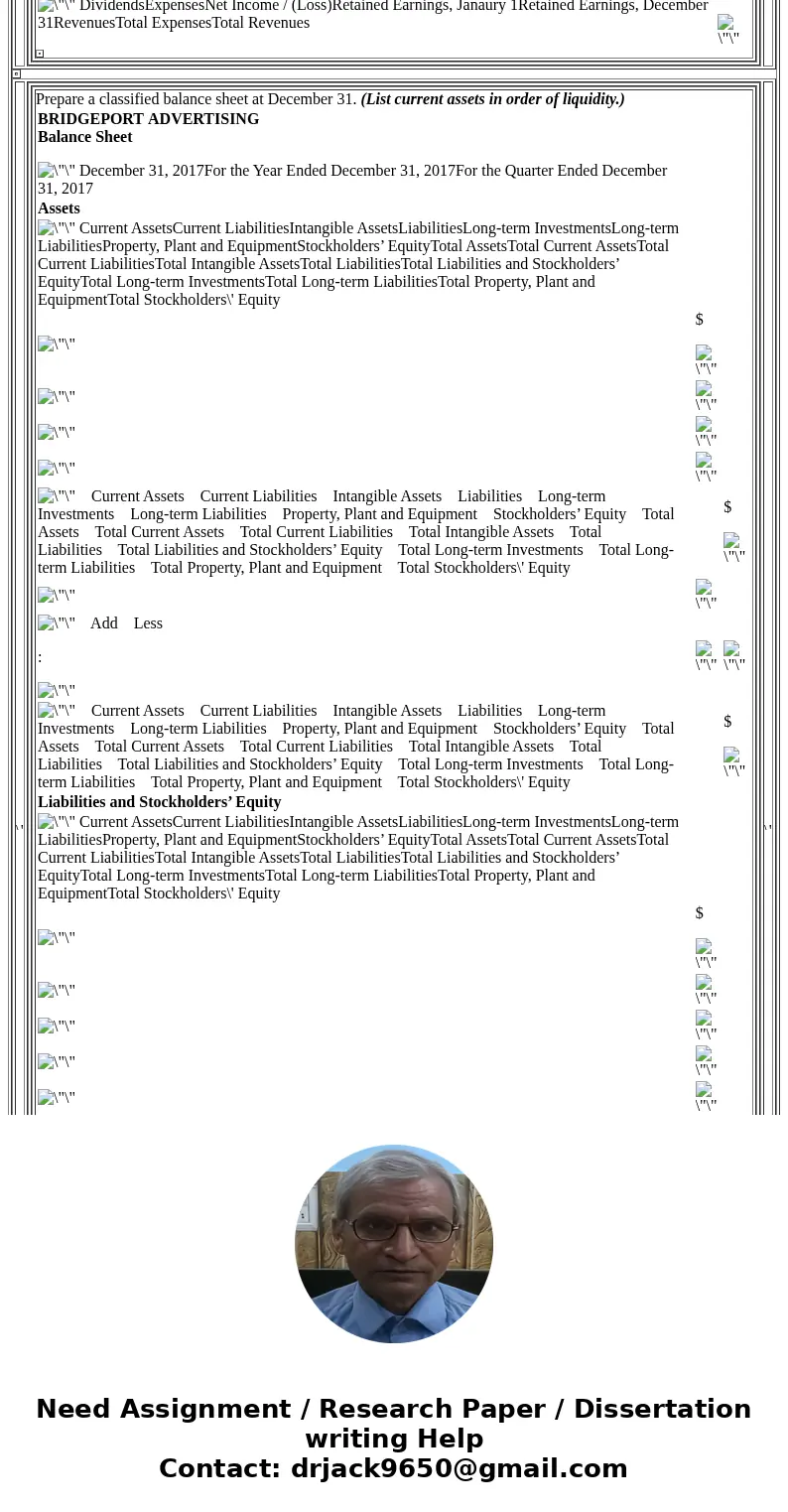 Problem 3-8 BRIDGEPORT ADVERTISING TRIAL BALANCE DECEMBER 31, 2017 Unadjusted Adjusted Dr. Cr. Dr. Cr. $148,820 $148,820 $158,950 $158,950 No. Date Account Titl