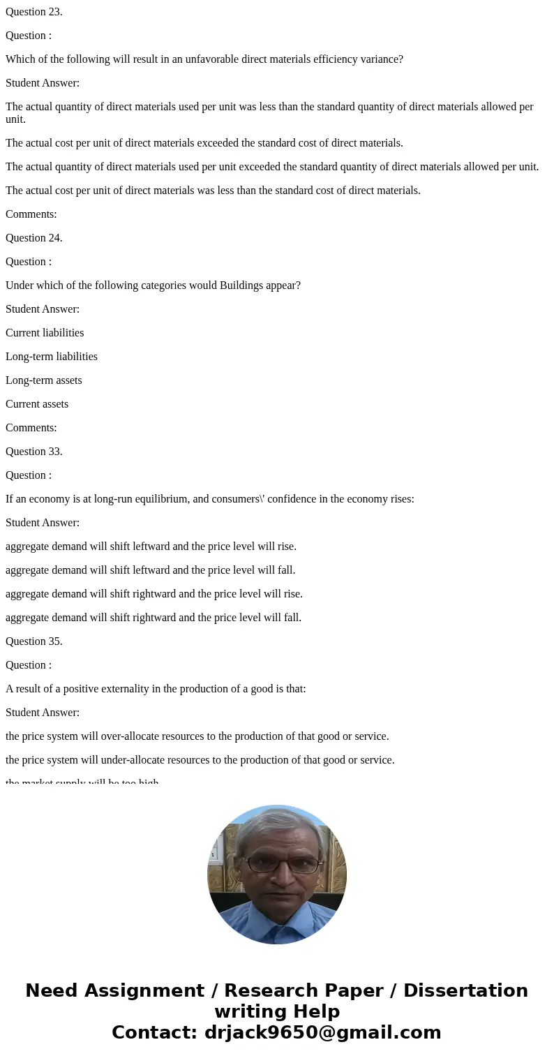 Question 23. Question : Which of the following will result in an unfavorable direct materials efficiency variance? Student Answer: The actual quantity of direct