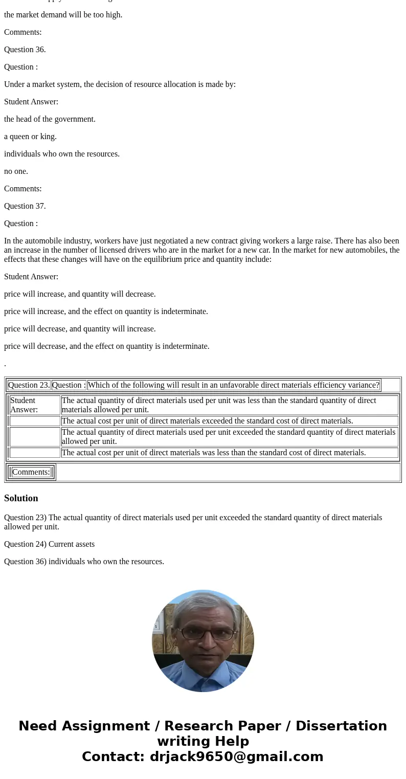 Question 23. Question : Which of the following will result in an unfavorable direct materials efficiency variance? Student Answer: The actual quantity of direct
