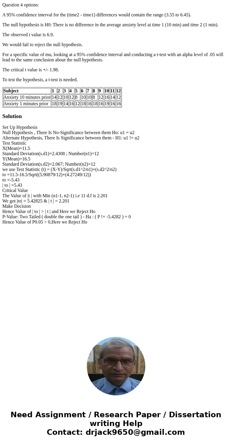 Question 4 options: A 95% confidence interval for the (time2 - time1) differences would contain the range (3.55 to 6.45). The null hypothesis is H0: There is no