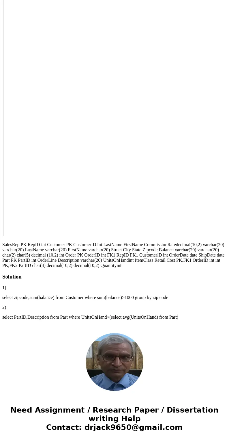 Questions 1. Write a query to display each zip code and the total owed by customers in that zip code. Only include zip codes where the total owed is above 1000.