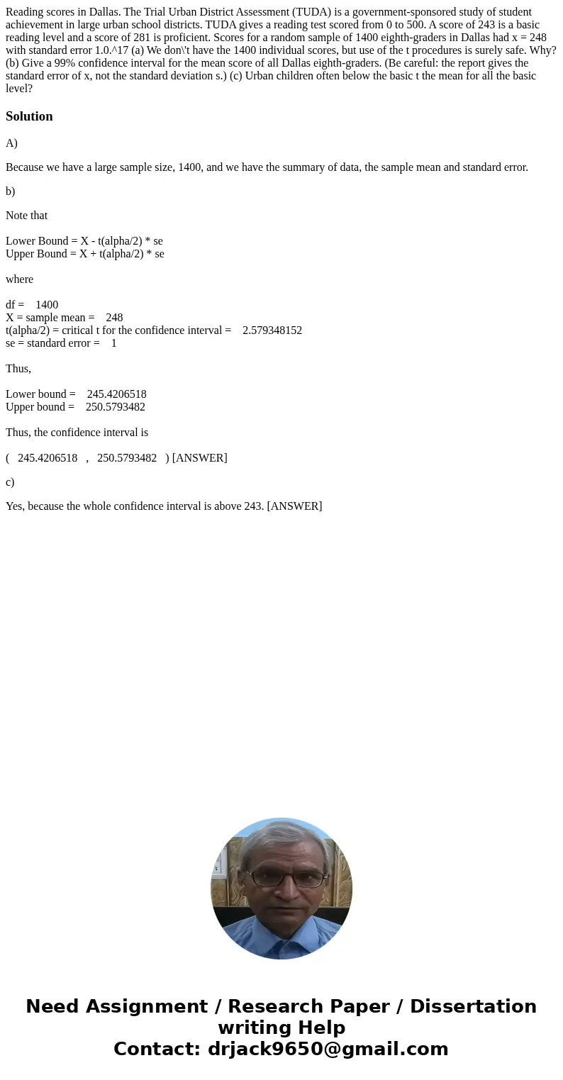 Reading scores in Dallas. The Trial Urban District Assessment (TUDA) is a government-sponsored study of student achievement in large urban school districts. TU Reading scores in Dallas. The Trial Urban District Assessment (TUDA) is a government-sponsored study of student achievement in large urban school districts. TU