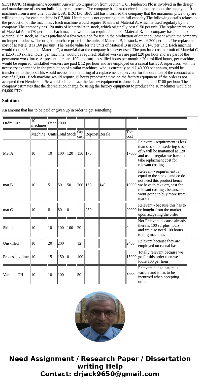 SECTIONC Management Accountin Answer ONE question from Section C 6. Henderson Plc is involved in the design and manufacture of custom built factory equipment. 
