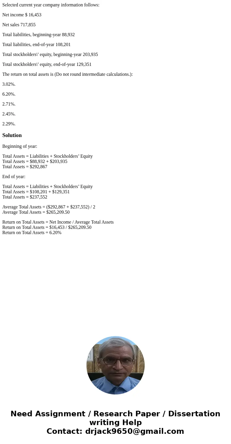 Selected current year company information follows: Net income $ 16,453 Net sales 717,855 Total liabilities, beginning-year 88,932 Total liabilities, end-of-year Selected current year company information follows: Net income $ 16,453 Net sales 717,855 Total liabilities, beginning-year 88,932 Total liabilities, end-of-year
