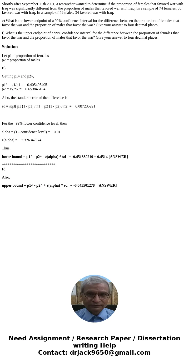 Shortly after September 11th 2001, a researcher wanted to determine if the proportion of females that favored war with Iraq was significantly different from the Shortly after September 11th 2001, a researcher wanted to determine if the proportion of females that favored war with Iraq was significantly different from the