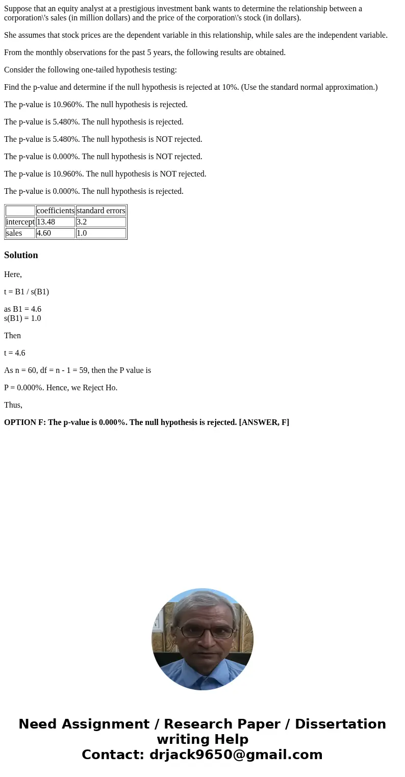Suppose that an equity analyst at a prestigious investment bank wants to determine the relationship between a corporation\'s sales (in million dollars) and the 