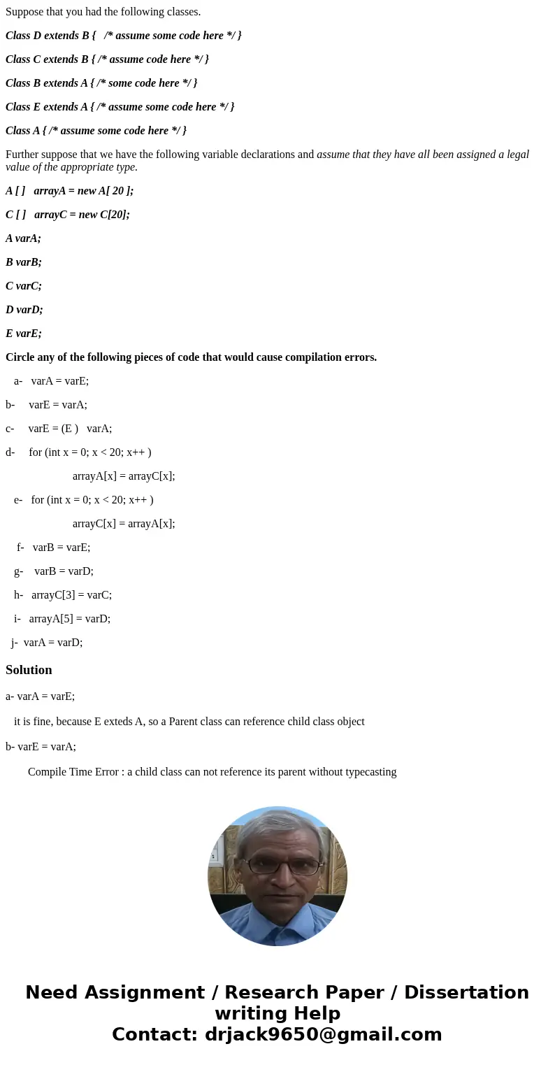 Suppose that you had the following classes. Class D extends B { /* assume some code here */ } Class C extends B { /* assume code here */ } Class B extends A { / Suppose that you had the following classes. Class D extends B { /* assume some code here */ } Class C extends B { /* assume code here */ } Class B extends A { /