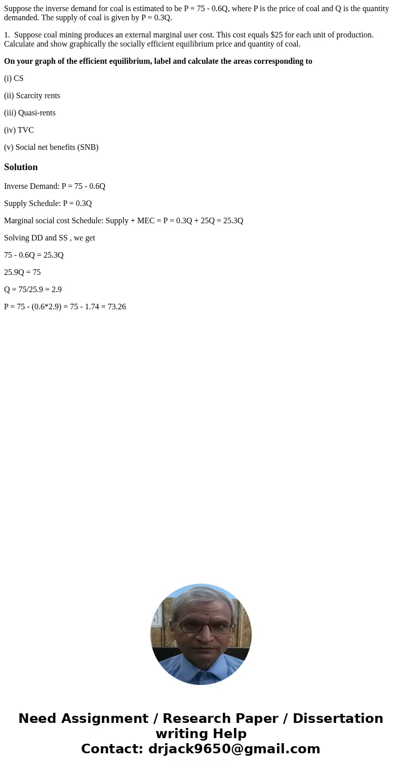 Suppose the inverse demand for coal is estimated to be P = 75 - 0.6Q, where P is the price of coal and Q is the quantity demanded. The supply of coal is given b Suppose the inverse demand for coal is estimated to be P = 75 - 0.6Q, where P is the price of coal and Q is the quantity demanded. The supply of coal is given b