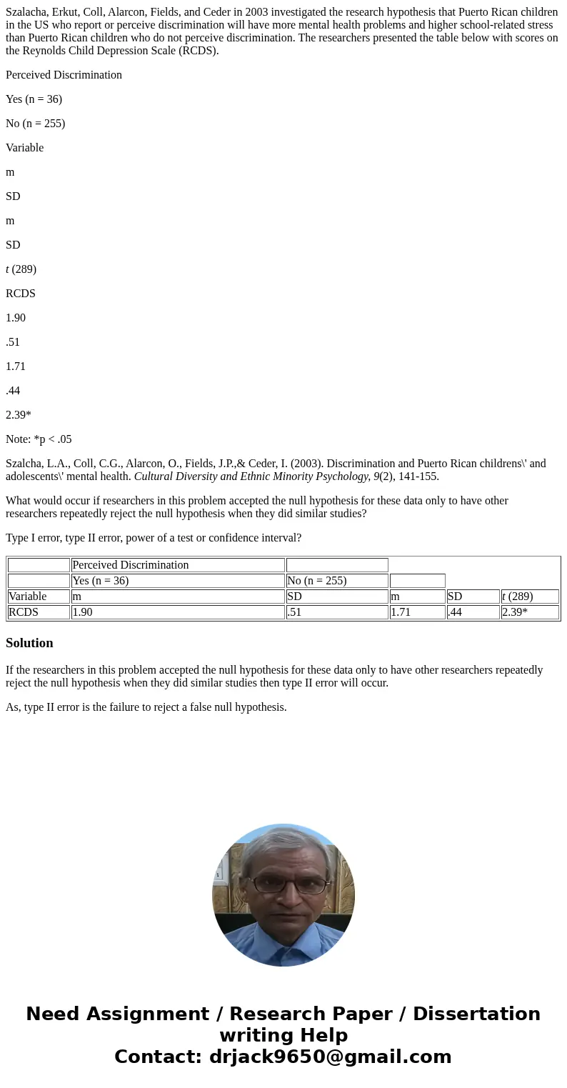 Szalacha, Erkut, Coll, Alarcon, Fields, and Ceder in 2003 investigated the research hypothesis that Puerto Rican children in the US who report or perceive discr