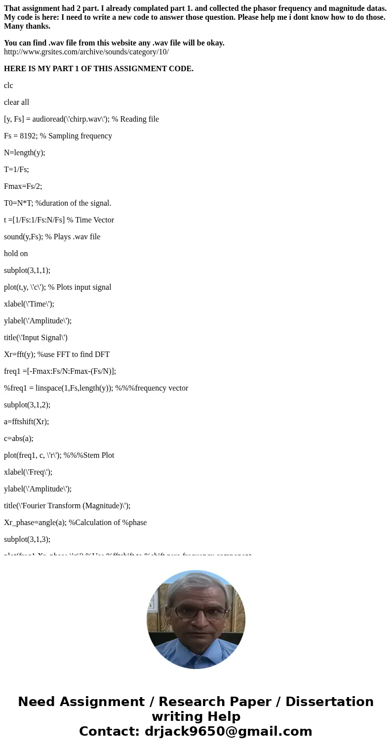 That assignment had 2 part. I already complated part 1. and collected the phasor frequency and magnitude datas. My code is here: I need to write a new code to a