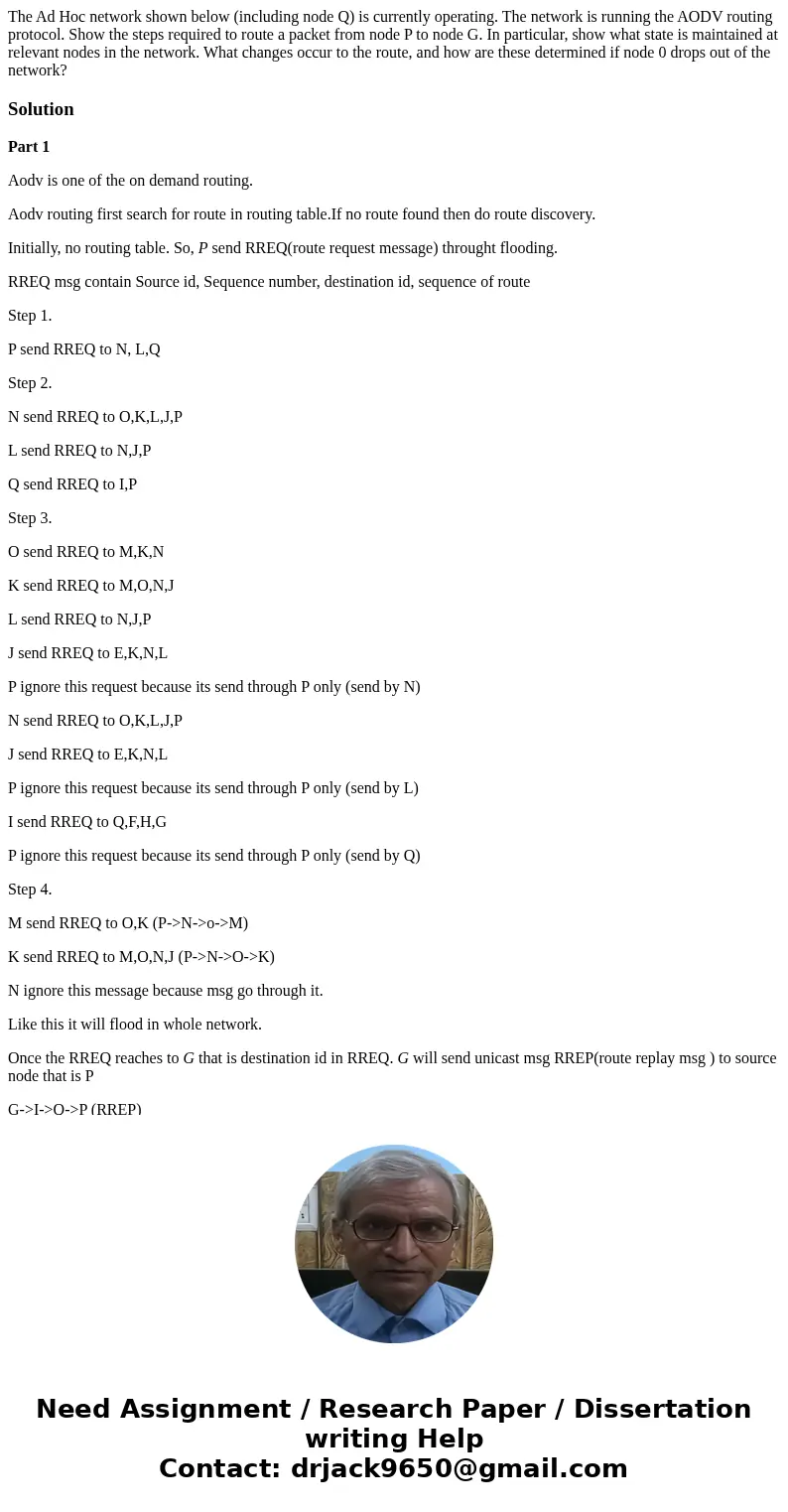 The Ad Hoc network shown below (including node Q) is currently operating. The network is running the AODV routing protocol. Show the steps required to route a   The Ad Hoc network shown below (including node Q) is currently operating. The network is running the AODV routing protocol. Show the steps required to route a