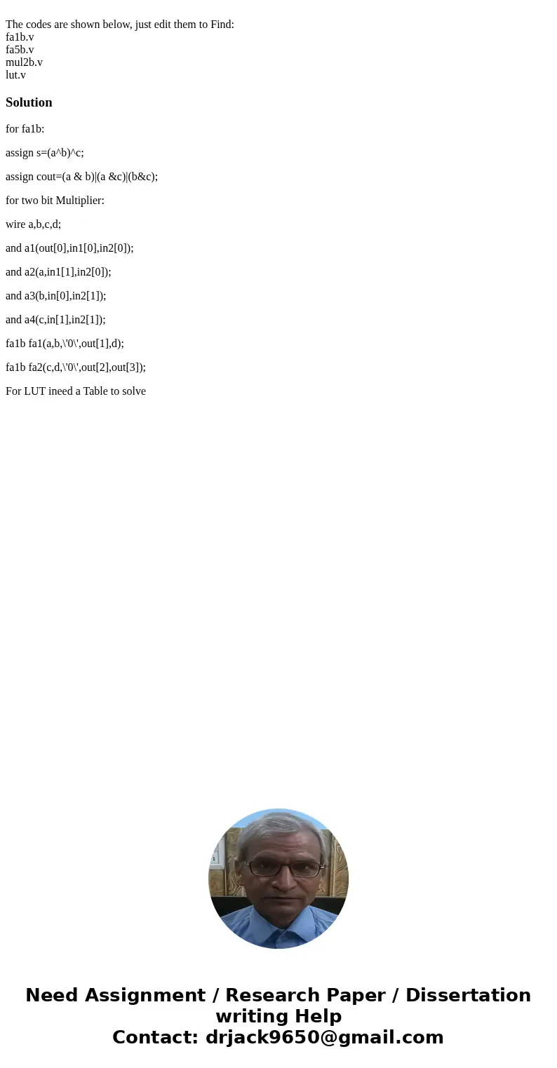 The codes are shown below, just edit them to Find: fa1b.v fa5b.v mul2b.v lut.vSolutionfor fa1b: assign s=(a^b)^c; assign cout=(a & b)|(a &c)|(b&c);  The codes are shown below, just edit them to Find: fa1b.v fa5b.v mul2b.v lut.vSolutionfor fa1b: assign s=(a^b)^c; assign cout=(a & b)|(a &c)|(b&c);
